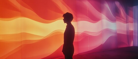 Surrealist Horror Reflection, a silhouette stands before vibrant glass, embodying fear and desire in a dreamy pink gradient, 1970s aesthetic.