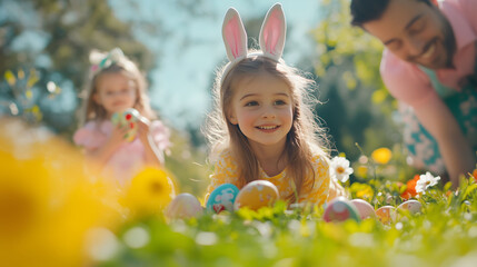 Joyful Children Celebrating Easter Egg Hunt Outdoors With Family