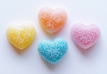 Fototapeta premium Vibrant Heart-Shaped Gummies in Various Colors and Flavors on a White Background Ideal for Celebrations, Sweet Treats, or Festive Occasions
