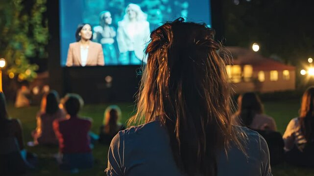 People enjoying an outdoorie screening in a park at night, Back view of people watching aie projected on a large screen outdoors at night