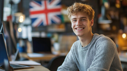 Student smiling near British flag with computer. Perfect for digital education, online learning, and international studies.