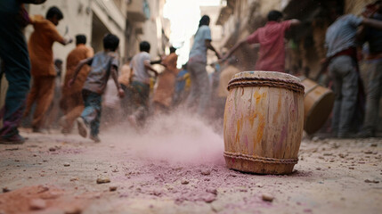 Vibrant Street Celebration with Colorful Powder and Joyful People in Bustling Atmosphere