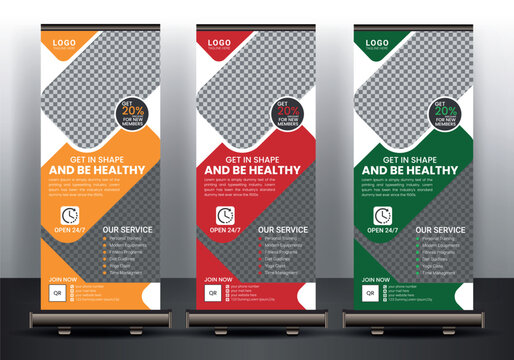 Fitness roll up banner template, Gym premium x-banner vector template design, Roll up banner stand, Fitness business brochure flyer banner design vertical template