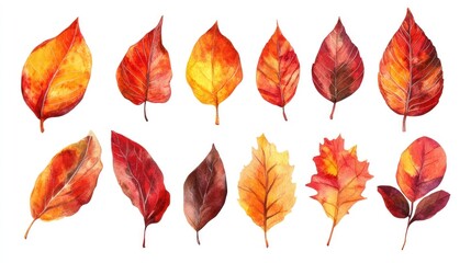 Watercolor autumn leaves collection isolated on white.