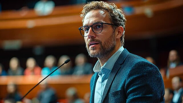 Confident Speaker: A professional man with glasses and a beard, exudes confidence while addressing a captivated audience. He leans into the microphone, passionately delivering his message.