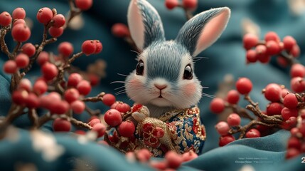 Classic Green Rabbit "Happy Chinese New Year 2025" on a deep green banner featuring elegant gold plum blossoms and delicate rabbit motifs, with detailed textures and festive accents.