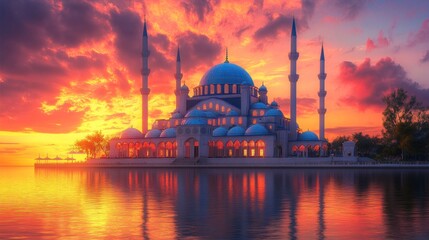 Fototapeta premium Majestic mosque at sunset reflecting in calm water.