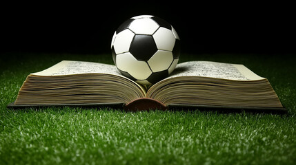 Soccer ball on open book against grass background. Excellent for sports education, athletic scholarship, or youth development program promotion.