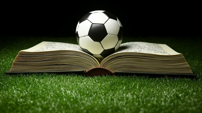 Soccer ball on open book against grass background. Excellent for sports education, athletic scholarship, or youth development program promotion.