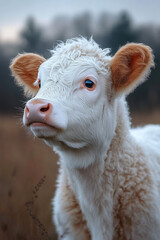 Fototapeta premium Adorable White Calf With Soft Fur Gazes Pensively