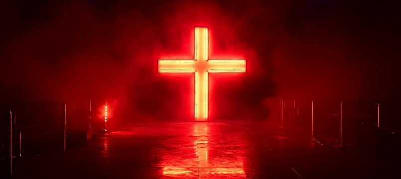 Glowing red Jesus Cross symbol. Religion faith worship spirituality concept. Generative video AI technology.	
