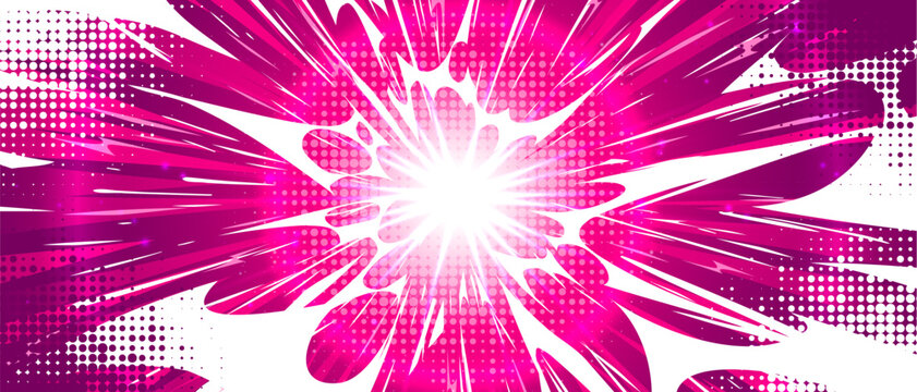 Anime explosion background in bright pink color with comic book dynamic burst effect - powerful radial beams spreading from luminous center point, dotted pattern, speed lines for manga combat scenes.