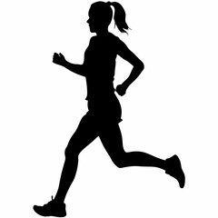 A woman running with her right hand on her hip. She is wearing a black shirt and black shorts