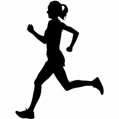 A woman running with her right hand on her hip. She is wearing a black shirt and black shorts