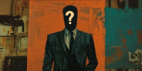 Mysterious Suited Figure, a man in a suit with a question mark obscuring his face, evokes intrigue and curiosity about his identity and story.