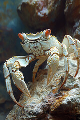 A striking white crab perched on a rock