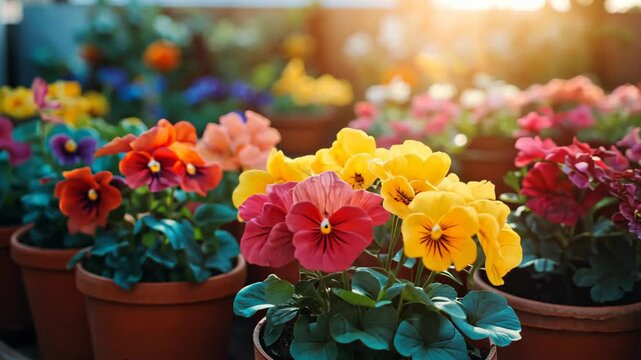 colorful Pancy flower pot various color blossom against sunlight , beautiful spring flower garden 