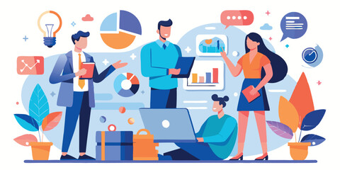 Business Marketing illustrations. Collection of scenes with men and women taking part in business activities. Team man and woman talk, discussion together. Vector modern flat illustration