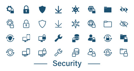 Security icon. Set of solid and outline icons for protection, cyber security, two-factor authentication, data.