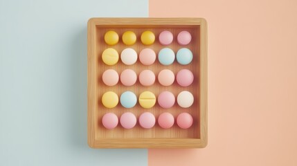 Minimalistic wooden tray with colorful arranged spheres and copy space