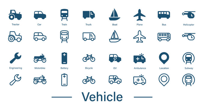 Set of outline and solid vector icons of vehicles, cars, ambulances, trucks, transportation industry.