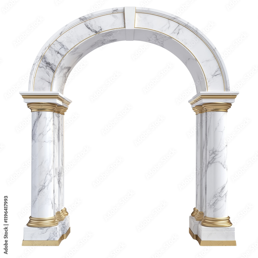 Poster A digitally rendered image showcases an elegant marble archway featuring golden accents and classical columns.