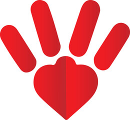 A simple, impactful graphic of a red handprint encompassing a red heart.