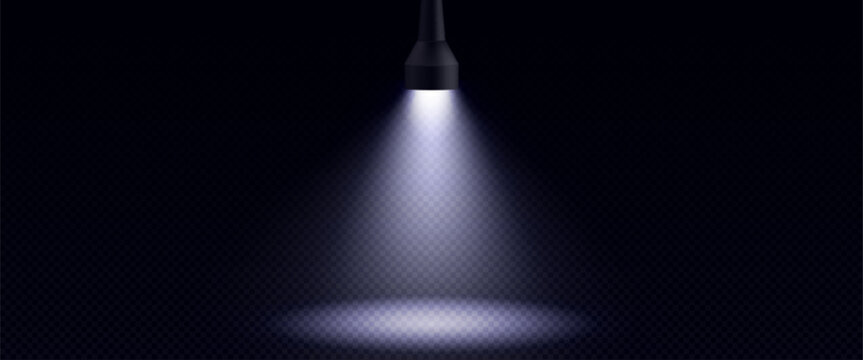 Flashlight beam in darkness creating searchlight effect on transparent background - black torch with lamp producing bright illuminated cone with soft edges and gradient lighting. Spotlight overlay.