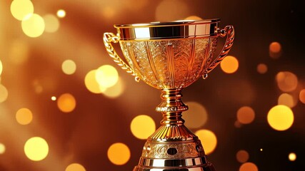 Gleaming golden trophy shining brightly against a soft focus backdrop of shimmering lights, Gleaming golden trophy on a soft focus backdrop, highlighting achievement with space for text