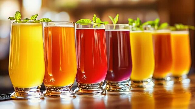 Colorful drinks line up at bar, blurry background, for beverage menu