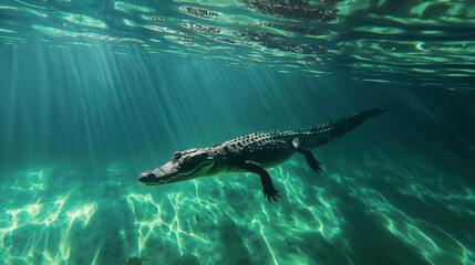 Fototapeta premium Crocodile Gliding Just Below the Surface of Clear Water in a Lush Aquatic Environment