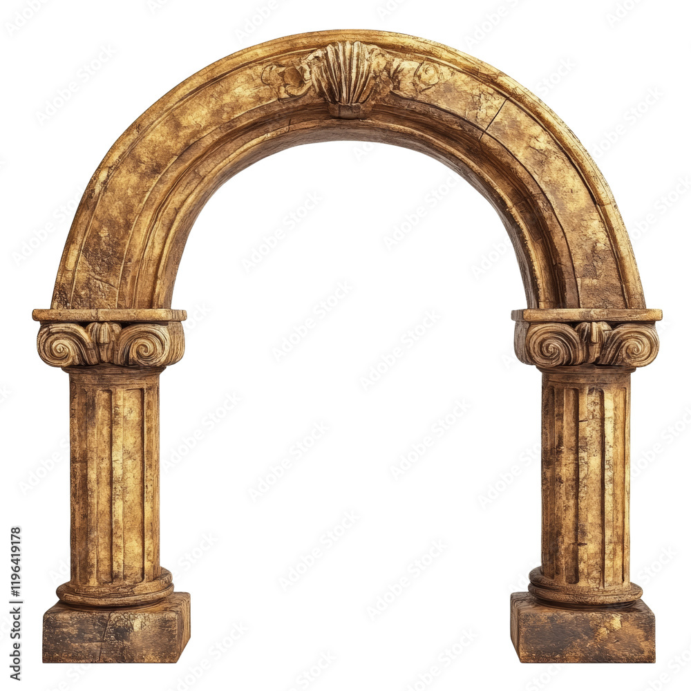 Poster A weathered stone archway with two ionic columns stands isolated against a black background, showcasing intricate classical details.