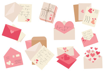 Set of postal envelopes with love letters. Romantic letters and envelops with greeting postcards, holiday mails. St Valentine day themed illustration