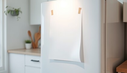 Blank paper note attached to white refrigerator door
