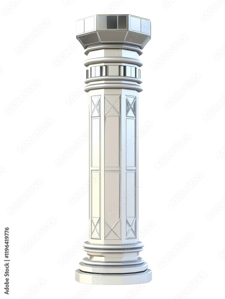 Poster This image shows a 3D render of a modern, white octagonal column with intricate detailing.
