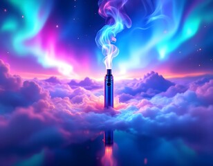 Fototapeta premium E-cigarette Vaporizes Above a Colorful Aurora Sky on Clouds