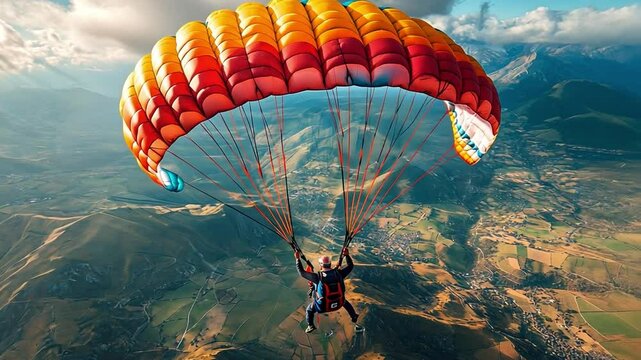 Paragliding High Above Alpine Landscape: A vibrant paraglider soars through the sky above a breathtaking alpine landscape, the colorful parachute a striking contrast to the rugged terrain below.