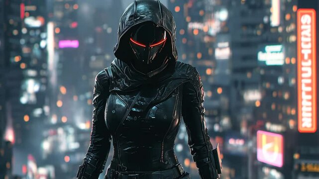 Futuristic female assassin stands in cyberpunk cityscape with glowing eyes and dark attire, Female assassin in futuristic city zoom out
