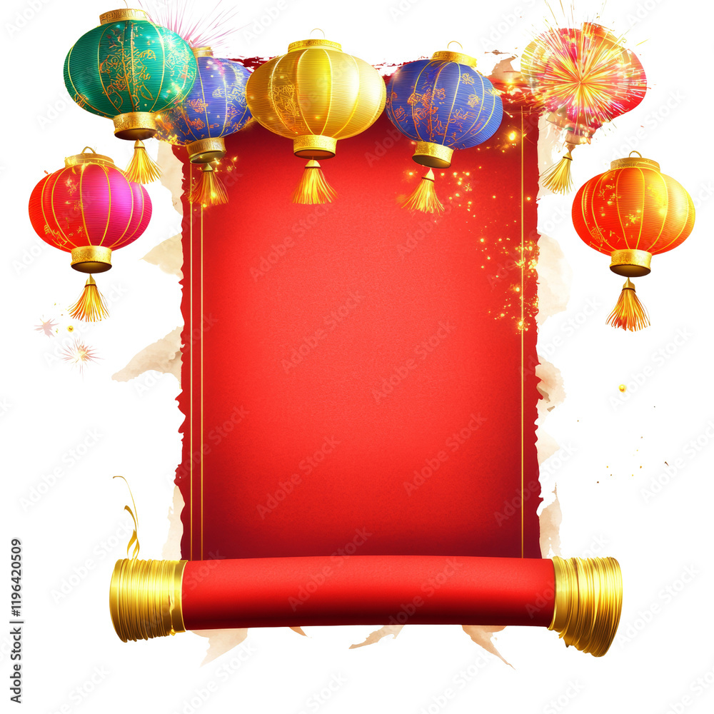 Aufkleber A red scroll with golden edges is decorated with colorful Chinese lanterns and fireworks, creating a festive holiday scene.