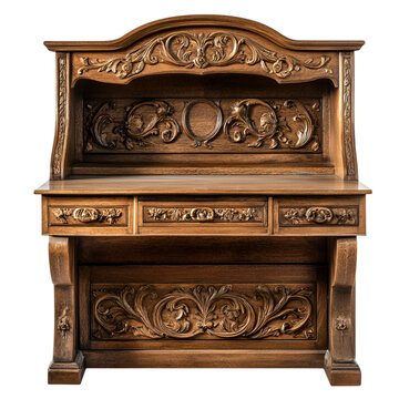 An antique wooden secretary desk with intricate carvings, isolated on white background.