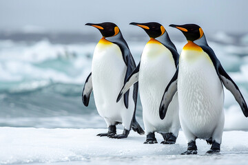 Obraz premium A group of penguins standing on an icy surface in Antarctica, interacting with each other in the cold.