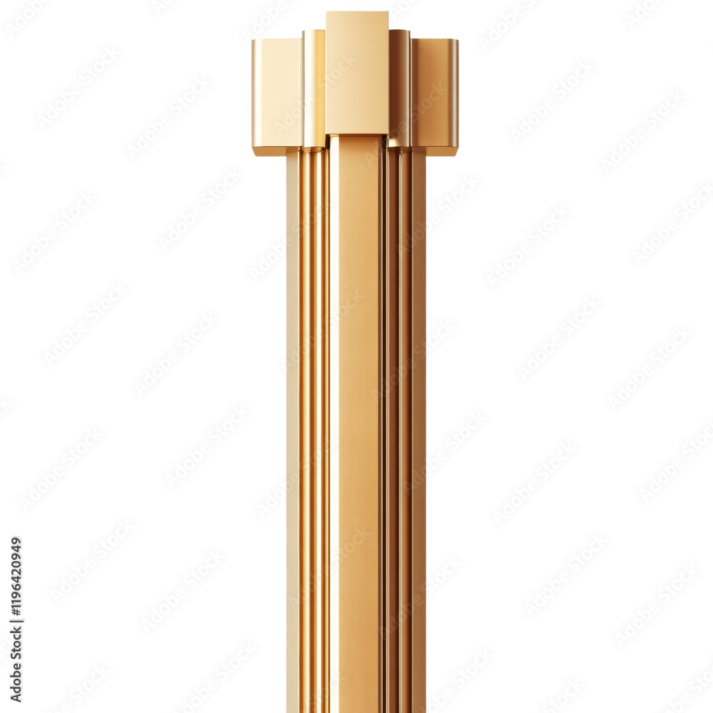Poster a digitally rendered image of a tall golden column with a detailed capital against a black backgroun