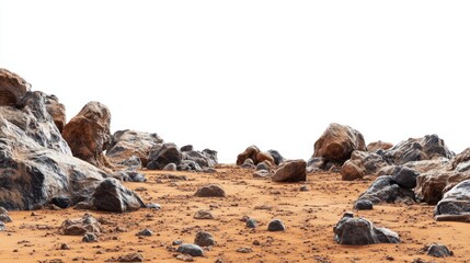 A Martian desert scene with scattered volcanic rocks and fine red dust, isolated on a clean white background