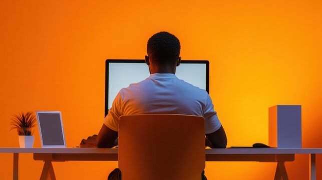 Sitting male graphic designer in silhouette, short haircut, focused on computer, vibrant orange background, artistic black and orange gradient map