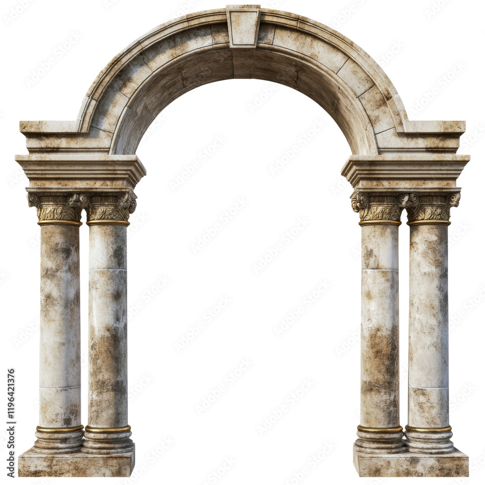 Poster A digitally rendered image showcases an aged stone archway supported by two intricately carved columns, suggesting classical architecture.
