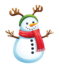 Snowman with antlers, scarf, and twig arms. Vector cartoon illustration