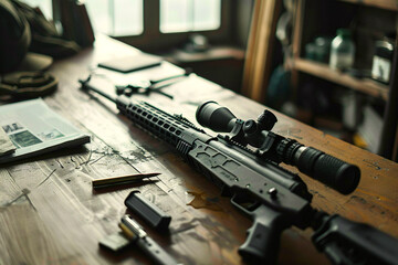 Focused image of a sniper rifle placed on a wooden surface, emphasizing its precision and tactical components.