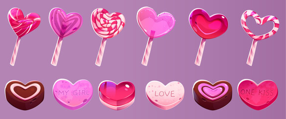Valentine heart shaped candies set with striped lollipops, chocolate bonbons, sweet messages on dessert. Pink romantic confectionery collection in glossy finish for love holiday design or game assets.