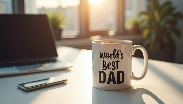Coffee mug with "World’s Best Dad" text on table