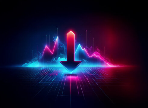 A vibrant neon arrow points down, superimposed on dynamic, glowing data graphs. The scene evokes feelings of digital decline or market downturn.